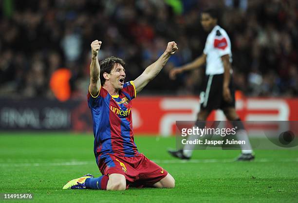 Lionel Messi of FC Barcelona celebrates as David Villa scores the third goal during the UEFA Champions League final between FC Barcelona and...