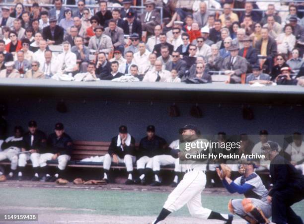 Felipe Alou of the San Francisco Giants swings at the pitch during an MLB game agianst the Los Angeles Dodgers on May 20, 1961 at Candlestick Park in...