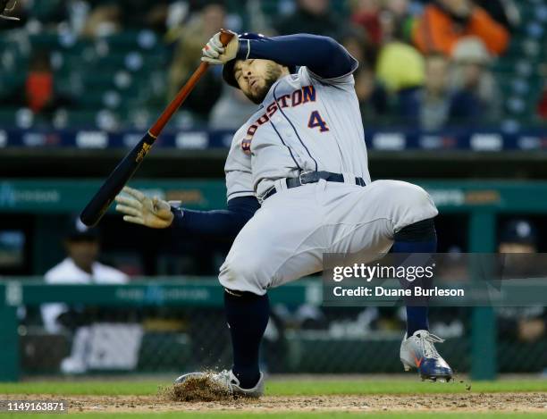 George Springer of the Houston Astros avoids an inside pitch against the Detroit Tigers at Comerica Park on May 13, 2019 in Detroit, Michigan.