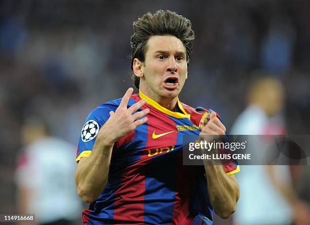 Barcelona's Argentinian forward Lionel Messi celebrates after scoring a goal during the UEFA Champions League final football match FC Barcelona vs....