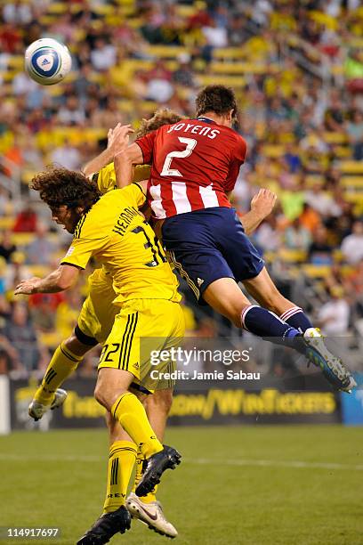 Andrew Boyens of Chivas USA heads the ball off a corner kick past goalkeeper William Hesmer of the Columbus Crew for the second Chivas USA goal in...
