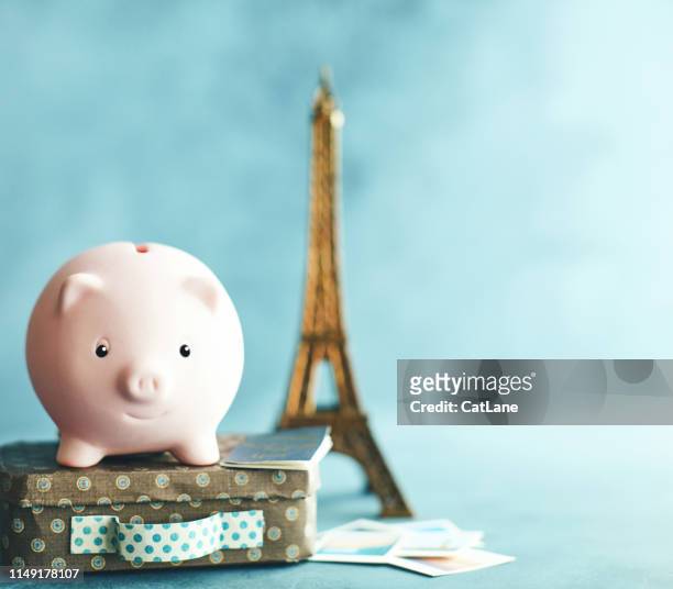 little pink piggy bank on vacation. saving for a trip to france - lost luggage stock pictures, royalty-free photos & images