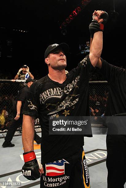 Brian Stann celebrates his TKO victory over Jorge Santiago during their middleweight fight at UFC 130 at the MGM Grand Garden Arena on May 28, 2011...