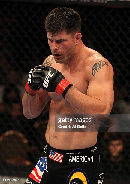 Brian Stann in the Octagon during his bout with Jorge Santiago at UFC 130 at the MGM Grand Garden Arena on May 28, 2011 in Las Vegas, Nevada.