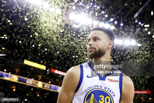Stephen Curry of the Golden State Warriors reacts after defeating the Portland Trail Blazers 116-94 in game one of the NBA Western Conference Finals...