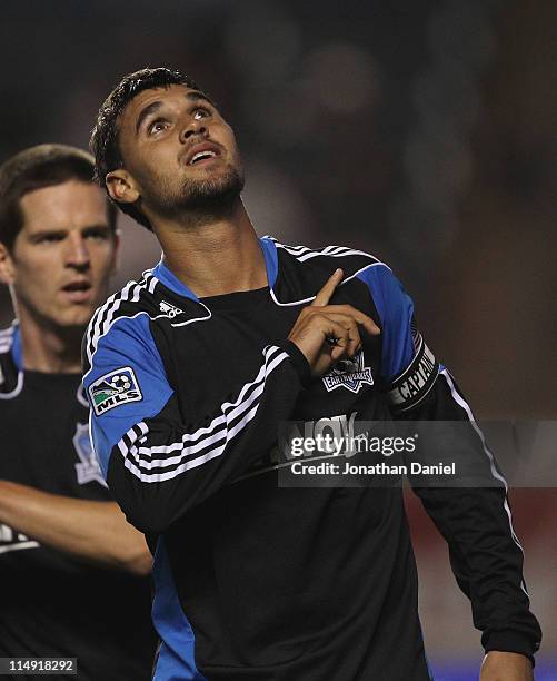 Chris Wondolowski of the San Jose Earthquakes celebrates a goal against the Chicago Fire during an MLS match at Toyota Park on May 28, 2011 in...