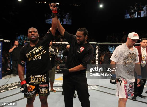 Quinton "Rampage" Jackson celebrates his unanimous decision victory over Matt Hamill in a light heavyweight fight at UFC 130 at the MGM Grand Garden...