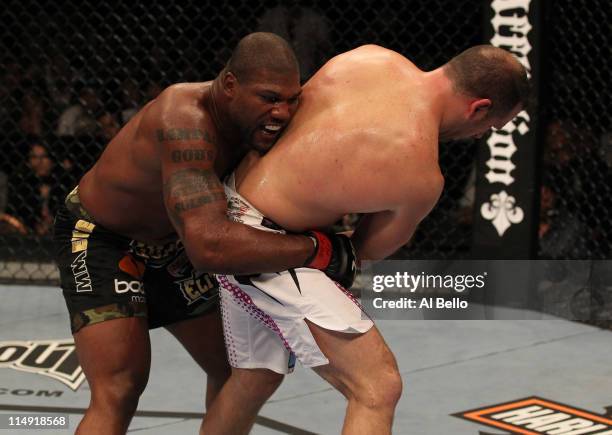 Quinton "Rampage" Jackson attempts to take down Matt Hamill during their light heavyweight fight at UFC 130 at the MGM Grand Garden Arena on May 28,...