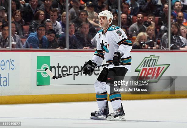 Ian White of the San Jose Sharks skates against the Anaheim Ducks at Honda Center on April 6, 2011 in Anaheim, California.