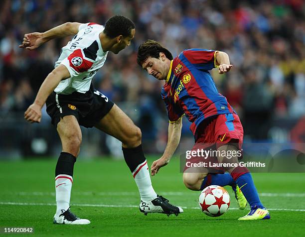 Lionel Messi of FC Barcelona takes on Rio Ferdinand of Manchester United during the UEFA Champions League final between FC Barcelona and Manchester...