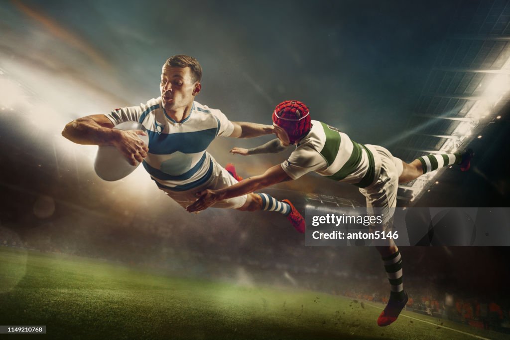 One caucasian rugby male player in action