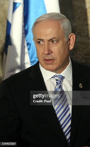 Israeli Prime Minister Benjamin Netanyahu speaking at the weekly cabinet meeting, his first since returning from the United States, held on May 29,...