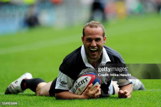 Frederic Michalak of Barbarians celebrates as he scores a try during the match between England and Barbarians at Twickenham Stadium on May 29, 2011...