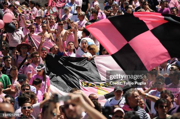 Citta di Palermo fans gather at Piazza di Spagna before the Coppa Italia final between US Citta di Palermo and FC Internazionale Milano on May 29,...