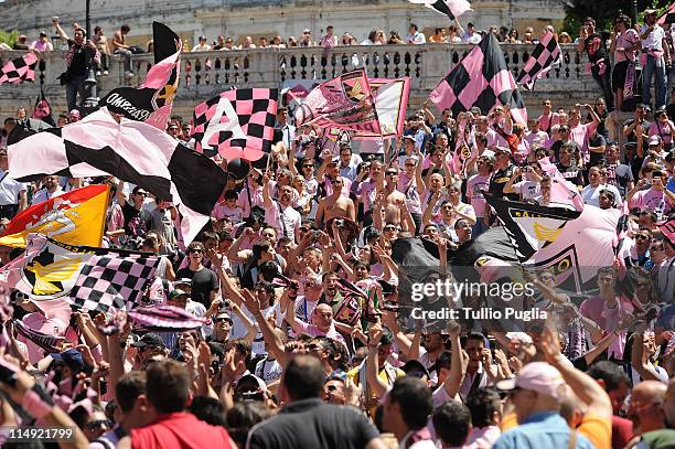 Citta di Palermo fans gather at Piazza di Spagna before the Coppa Italia final between US Citta di Palermo and FC Internazionale Milano on May 29,...