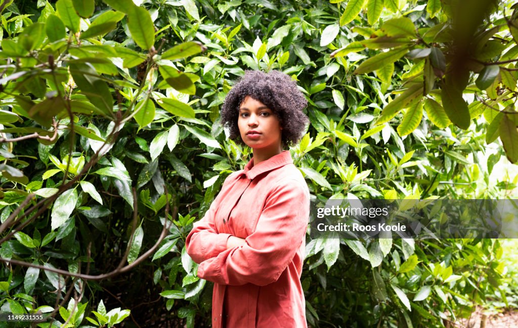 A young woman in a park.