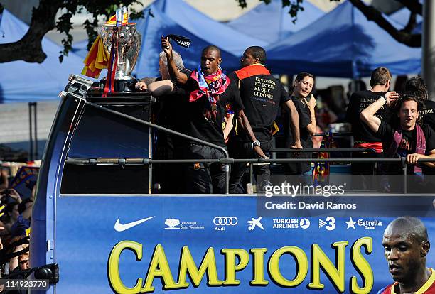 Eric Abidal of FC Barcelona celebrates on board an open top bus after winning the UEFA Champions League Final against Manchester United, on May 29,...