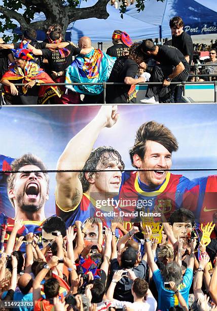 Barcelona players celebrate on board an open top bus after winning the UEFA Champions League Final against Manchester United, on May 29, 2011 in...