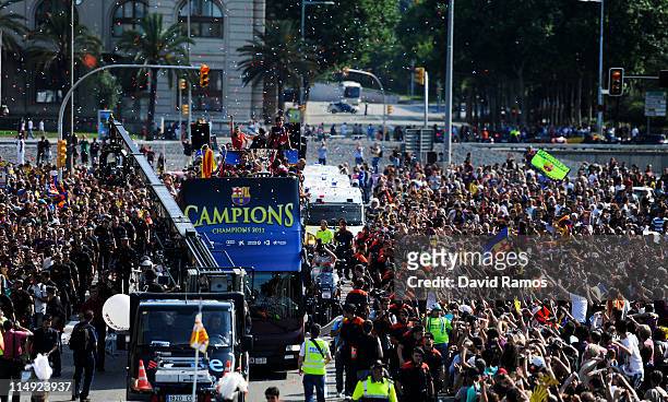 Barcelona players celebrate on board an open top bus after winning the UEFA Champions League Final against Manchester United, on May 29, 2011 in...