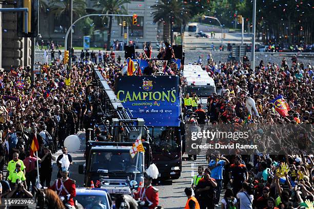 Barcelona players celebrate on board an open top bus after winning the UEFA Champions League Final against Manchester United, on May 29, 2011 in...