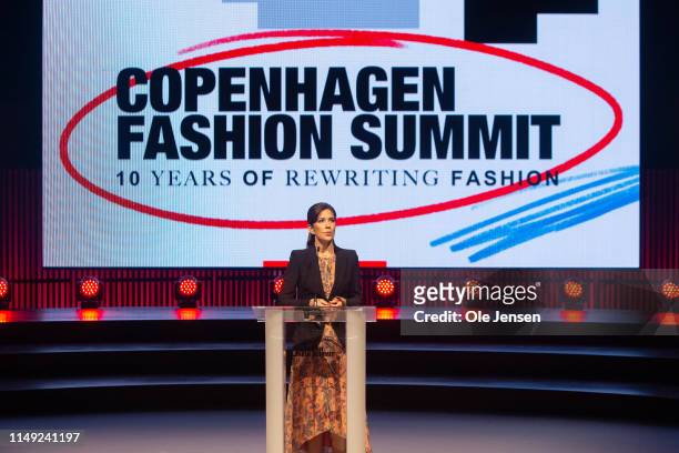 Mary, Crown Princess of Denmark speaks on stage to give the Welcome Address on Day One of the Copenhagen Fashion Summit 2019 at DR Koncerthuset on...