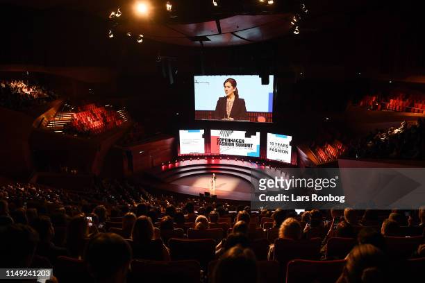 Mary, Crown Princess of Denmark speaks on stage to give the Welcome Address on Day One of the Copenhagen Fashion Summit 2019 at DR Koncerthuset on...