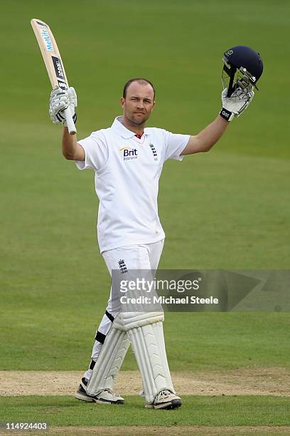 Jonathan Trott of England celebrates reaching his double century during day four of the 1st npower test match between England and Sri Lanka at the...