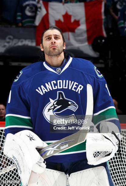 Roberto Luongo of the Vancouver Canucks looks on from his crease in Game Five of the Western Conference Finals during the 2011 NHL Stanley Cup...