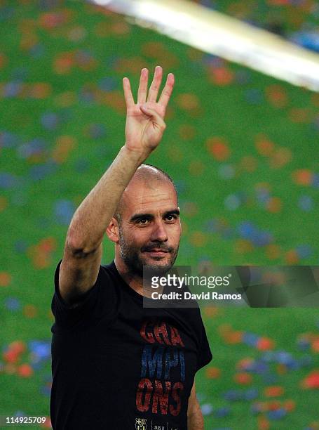 Head coach Josep Guardiola of FC Barcelona gestures during the celebrations after winning the UEFA Champions League Final against Manchester United,...