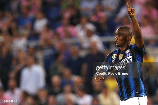 Samuel Eto'o of FC Internazionale Milano celebrates after scoring the opening goal during the Tim Cup final between FC Internazionale Milano and US...