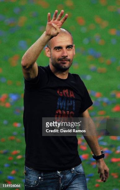 Head coach Josep Guardiola of FC Barcelona gestures during the celebrations after winning the UEFA Champions League Final against Manchester United...