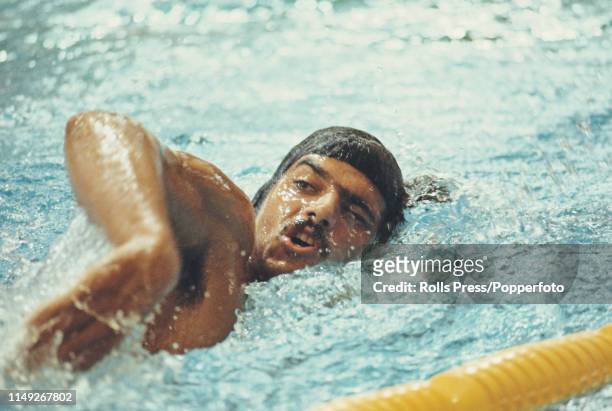 American swimmer Mark Spitz pictured during competition for the United States swimming team at the 1972 Summer Olympics in the Olympia Schwimmhalle...