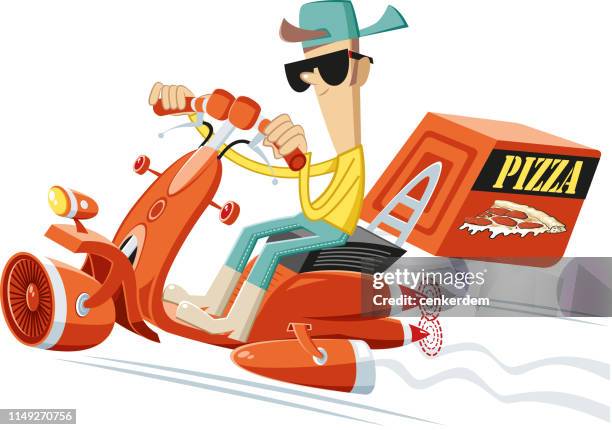 illustrazioni stock, clip art, cartoni animati e icone di tendenza di consegna pizza - moped