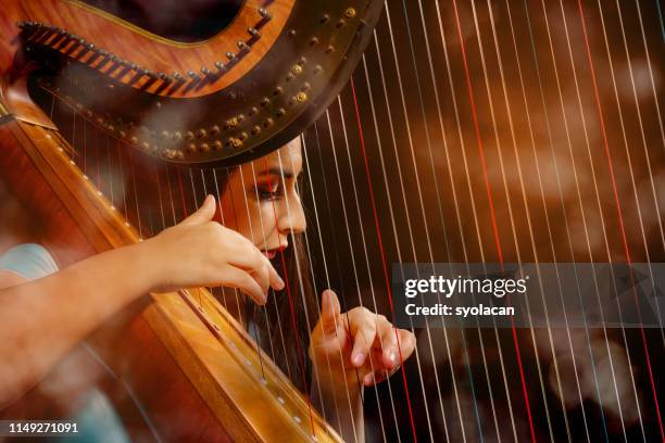 professional female harpist during performance - harpa imagens e fotografias de stock