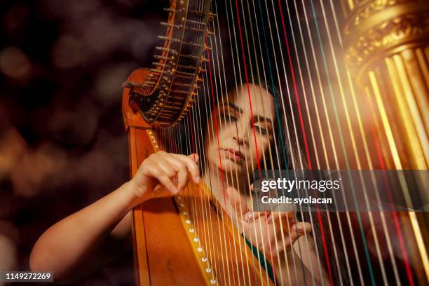 professional female harpist during performance - harpa imagens e fotografias de stock