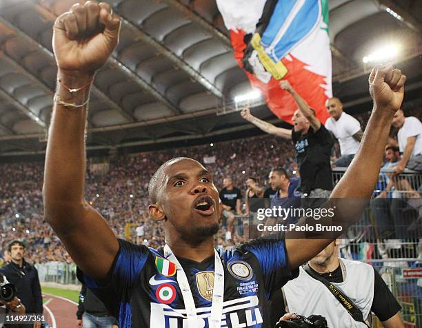 Samuel Eto'o of FC Internazionale Milano celebrates after the victory of Tim Cup final between FC Internazionale Milano and US Citta di Palermo at...