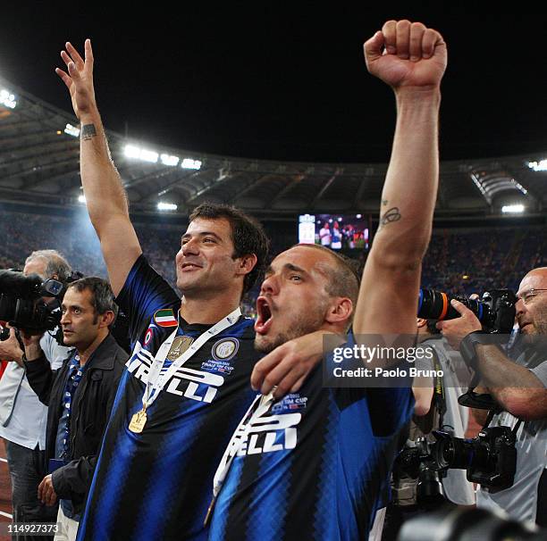 Dejan Stankovic and Esteban Cambiasso of FC Internazionale Milano celebrate after the victory of Tim Cup final between FC Internazionale Milano and...