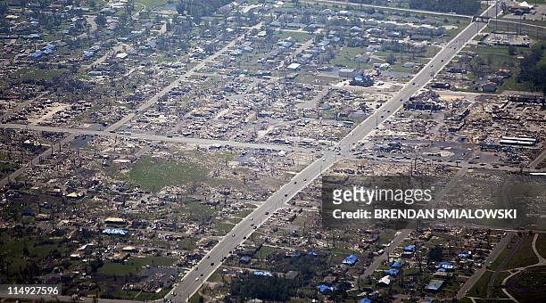 View of tornado damage as Air Force One carries US President Barack Obama to Joplin, Missouri May 29, 2011. Victims of the tornado continue to...