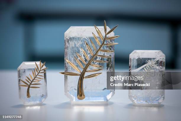 The 72nd editions of the Palme d'Or du Court-Metrage, the Palme d'Or and the Prix d'interpretation Feminine trophies are pictured during the Cannes...