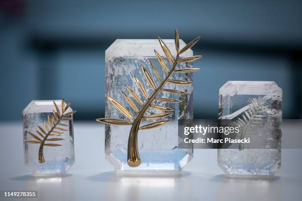 The 72nd editions of the Palme d'Or du Court-Metrage, the Palme d'Or and the Prix d'interpretation Feminine trophies are pictured during the Cannes...