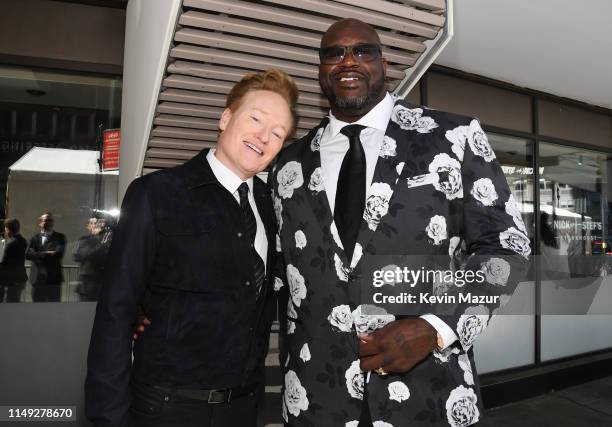 Conan O'Brien of TBS’s CONAN and Shaquille O'Neal of Inside The NBA on TNT pose in the WarnerMedia Upfront 2019 green room at Nick and Stef’s...