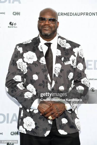 Shaquille O'Neal of Inside The NBA on TNT attends the WarnerMedia Upfront 2019 arrivals on the red carpet at The Theater at Madison Square Garden on...