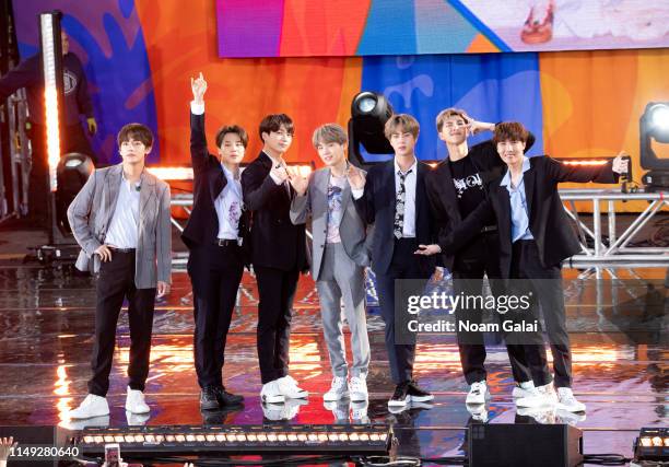 Kim Tae-hyung, Park Ji-min, Jungkook, Suga, Kim Seok-jin, RM and J-Hope of BTS perform on "Good Morning America" on May 15, 2019 in New York City.