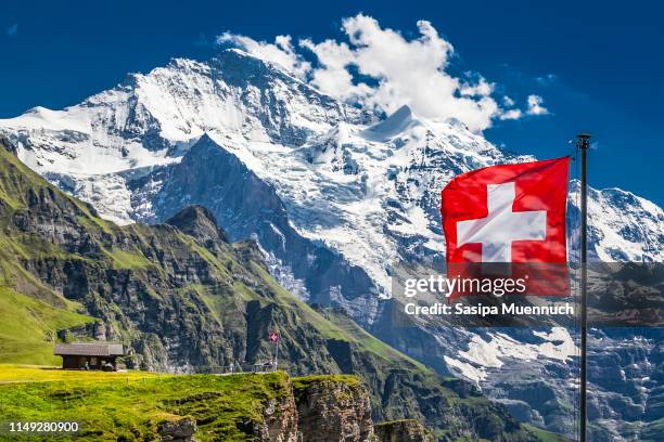 swiss flag, the männlichen and jungfrau - mönch stock pictures, royalty-free photos & images