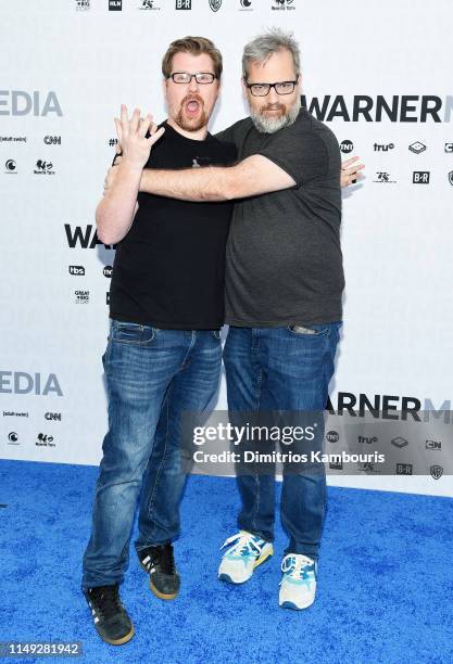 Justin Roiland and Dan Harmon of Adult Swim’s Rick and Morty attend the WarnerMedia Upfront 2019 arrivals on the red carpet at The Theater at Madison...