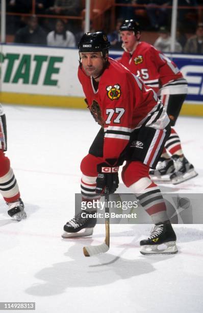 Paul Coffey of the Chicago Blackhawks waits for the faceoff during an NHL game against the Los Angeles Kings on November 21, 1998 at the Great...