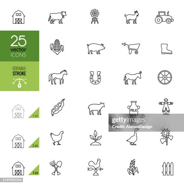 agriculture and farm icon set. editable stroke. - horse icon stock illustrations