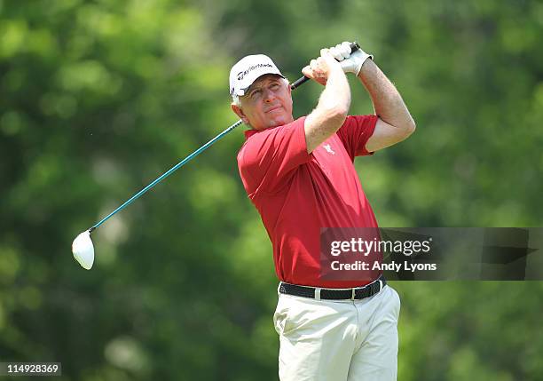 Hale Irwin hits his tee shot on the par 4 6th hole during the Senior PGA Championship presented by KitchenAid at Valhalla Golf Club on May 29, 2011...