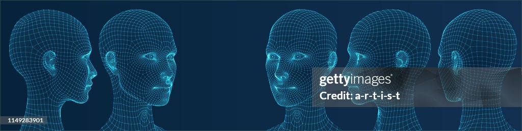 Three dimensional woman heads. Set. Ware mesh from 3d app.