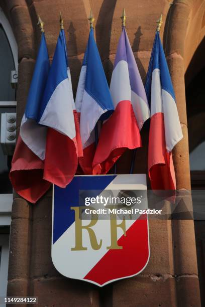 french flags at town hall - elsass stock-fotos und bilder